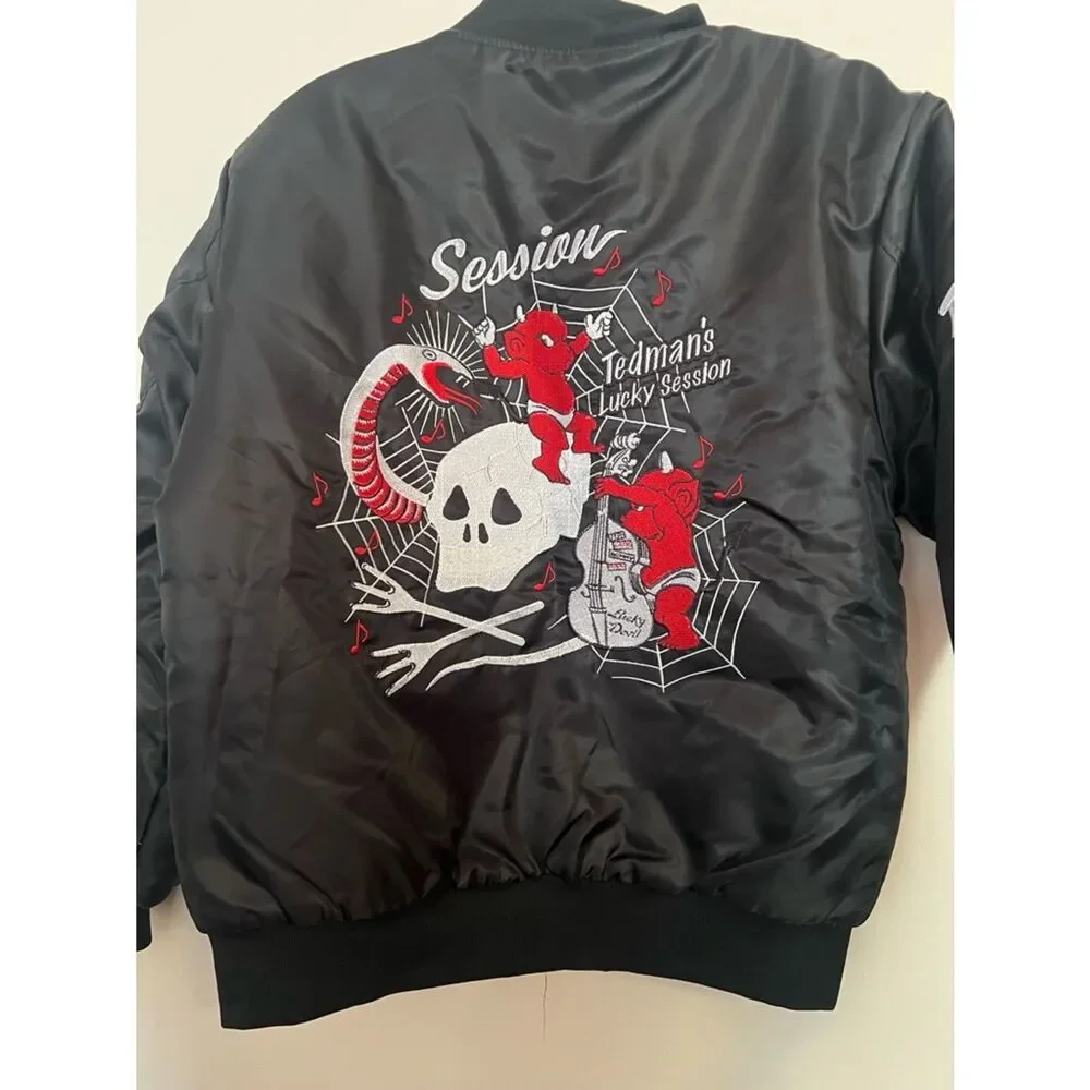 B-R-M Black Satin Bomber Jacket with Red Embroidered Graphics - Picture 5 of 6